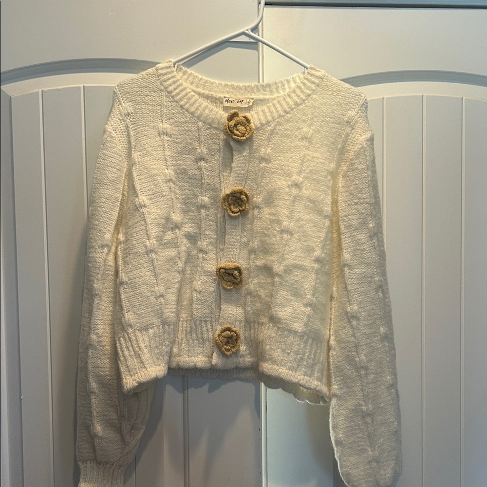 Cream Cardigan with Floral Accents